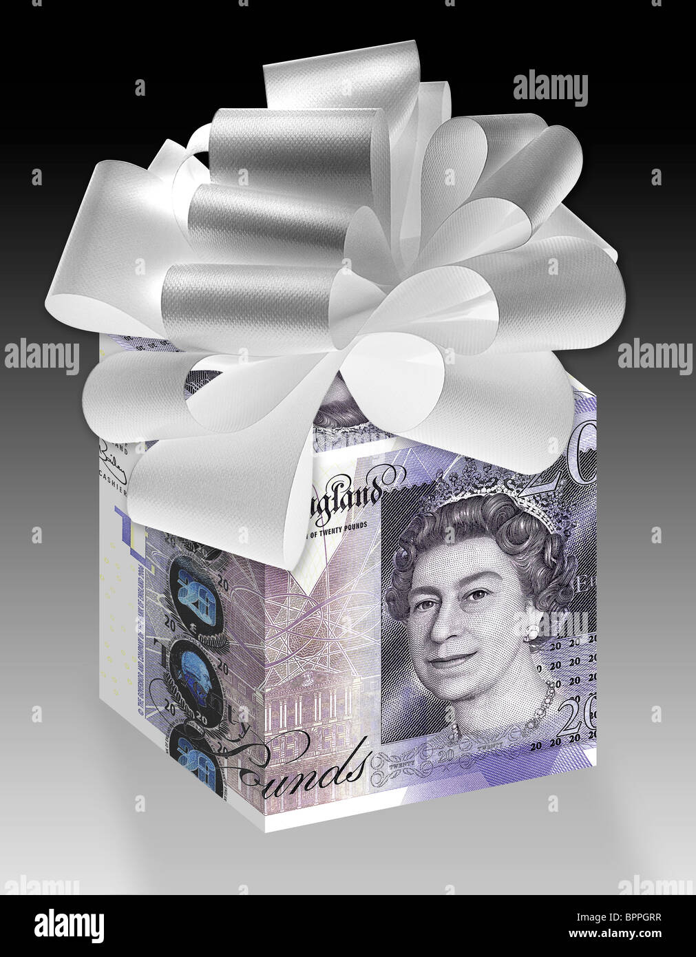 Geld-Geschenk-Box eingepackt mit £20 zwanzig Pfund-Noten und einer Schleife an der Spitze. Stockfoto