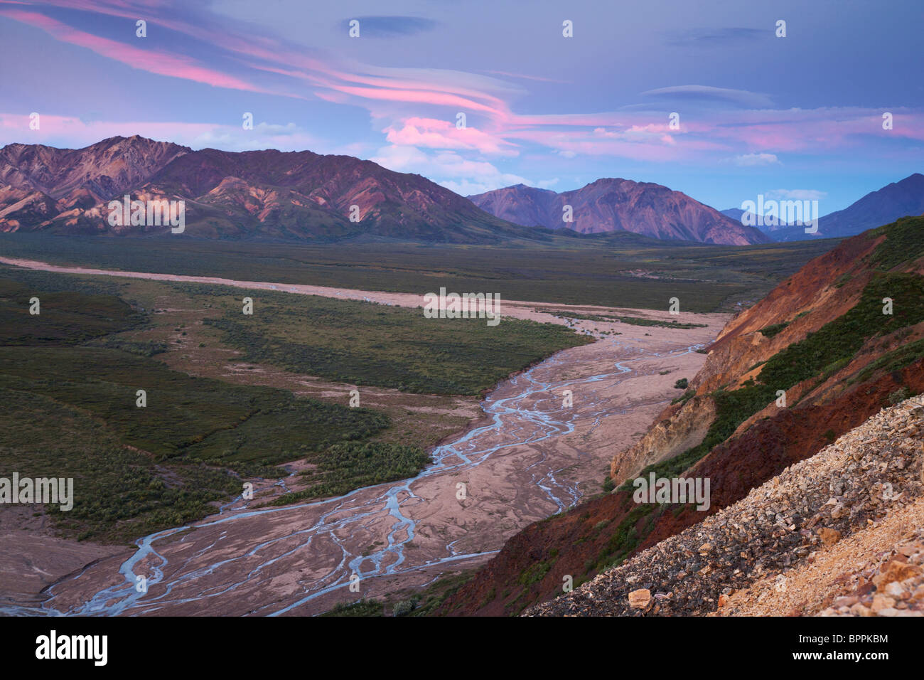 Sonnenaufgang am Polychrome Pass, Denali-Nationalpark, Alaska. Stockfoto