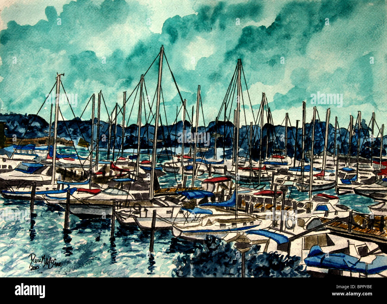 Aquamarin Seelandschaft Jachthafen Segelboot Malerei Stockfoto