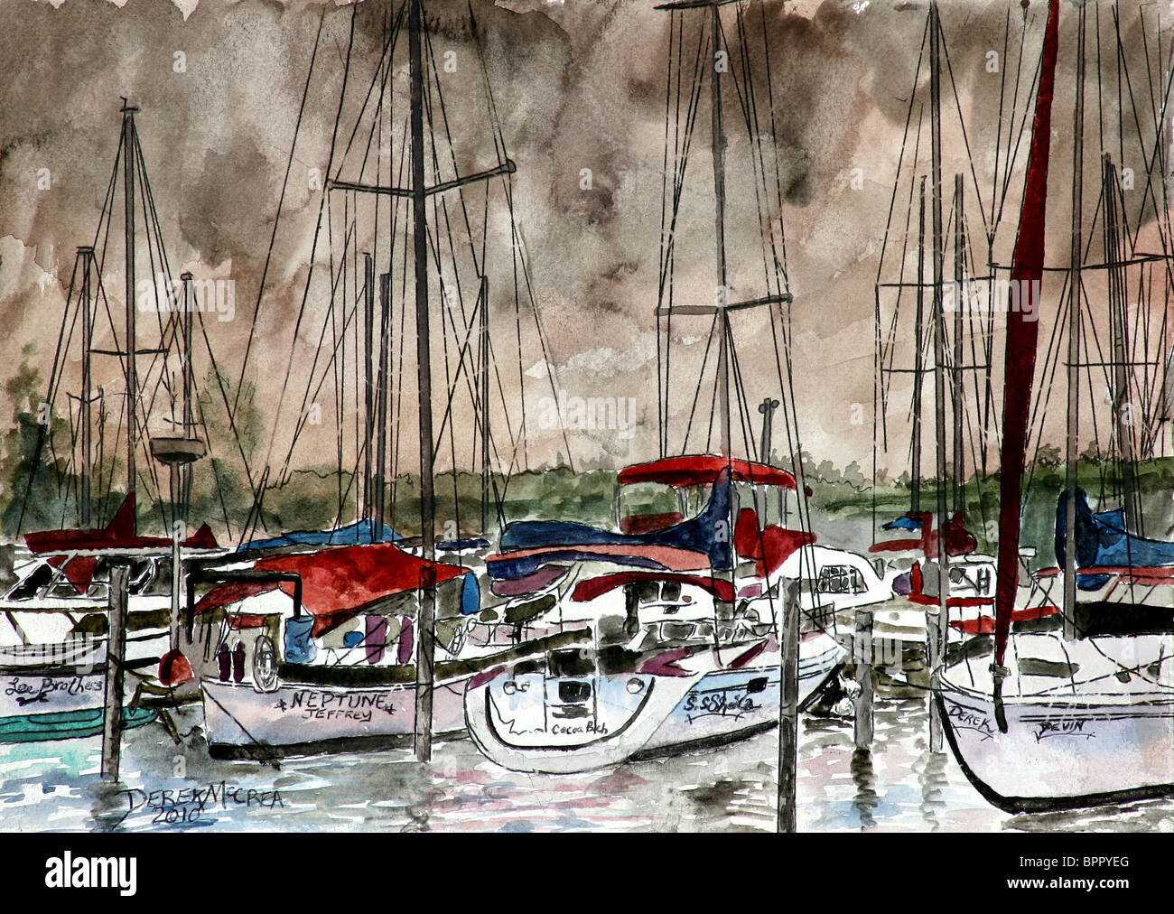 nautische Seelandschaft Boot marine Sepia schwarz-weiß Illustration Aquarell Kunst Stockfoto
