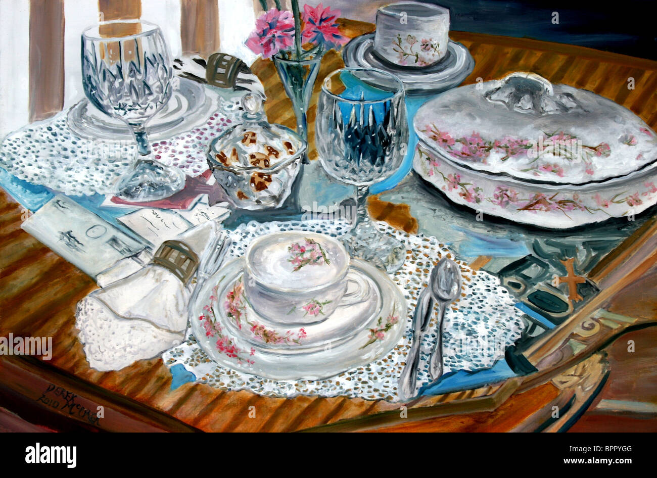 Stillleben Ölgemälde viktorianischen Antik Vintage China set Porzellan Americana Spitzenhäubchen Kunst Stockfoto
