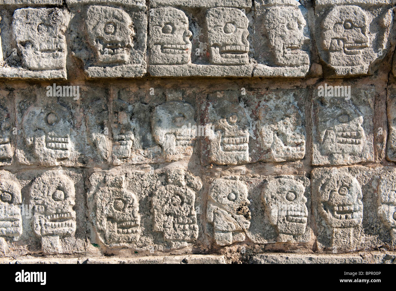 Tzompantli, Schnitzen von Schädeln auf einer Plattform für menschliches Opfer, Chichen Itza Ruinen, The Yucatan, Mexiko Stockfoto