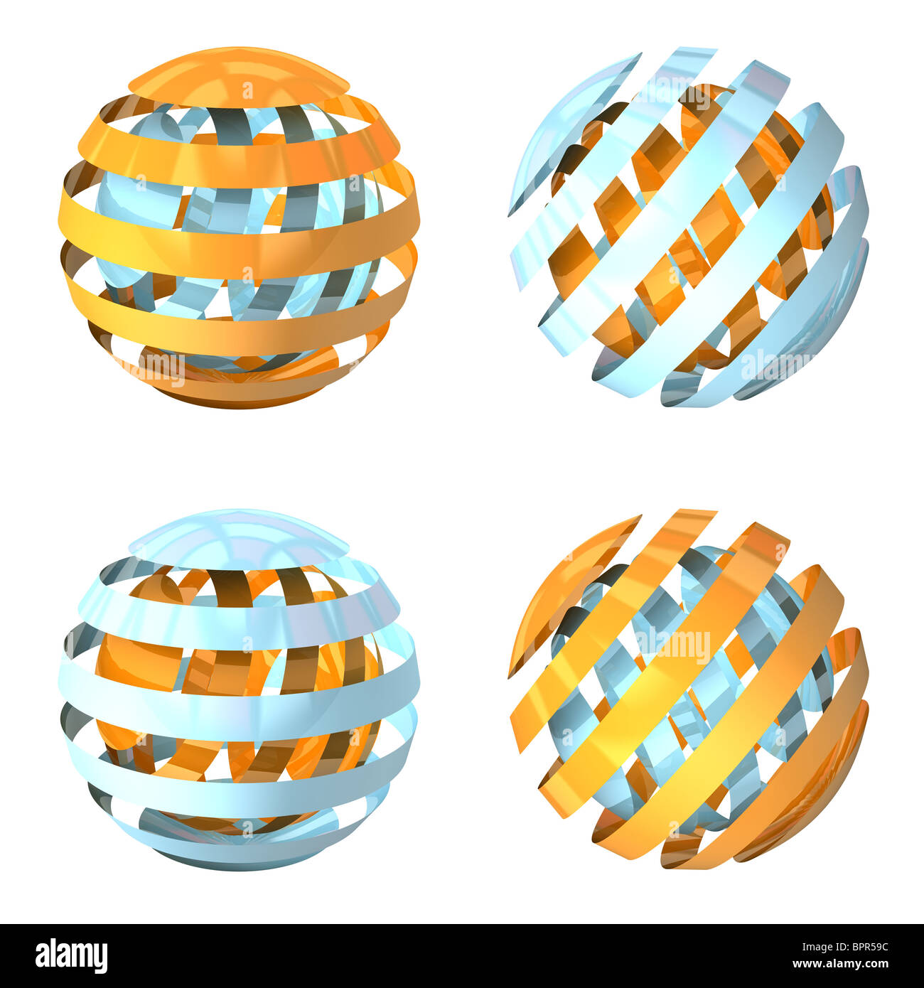 4 abstrakte orange Anb blaue Kugeln. 3D gerenderte Darstellung. Stockfoto