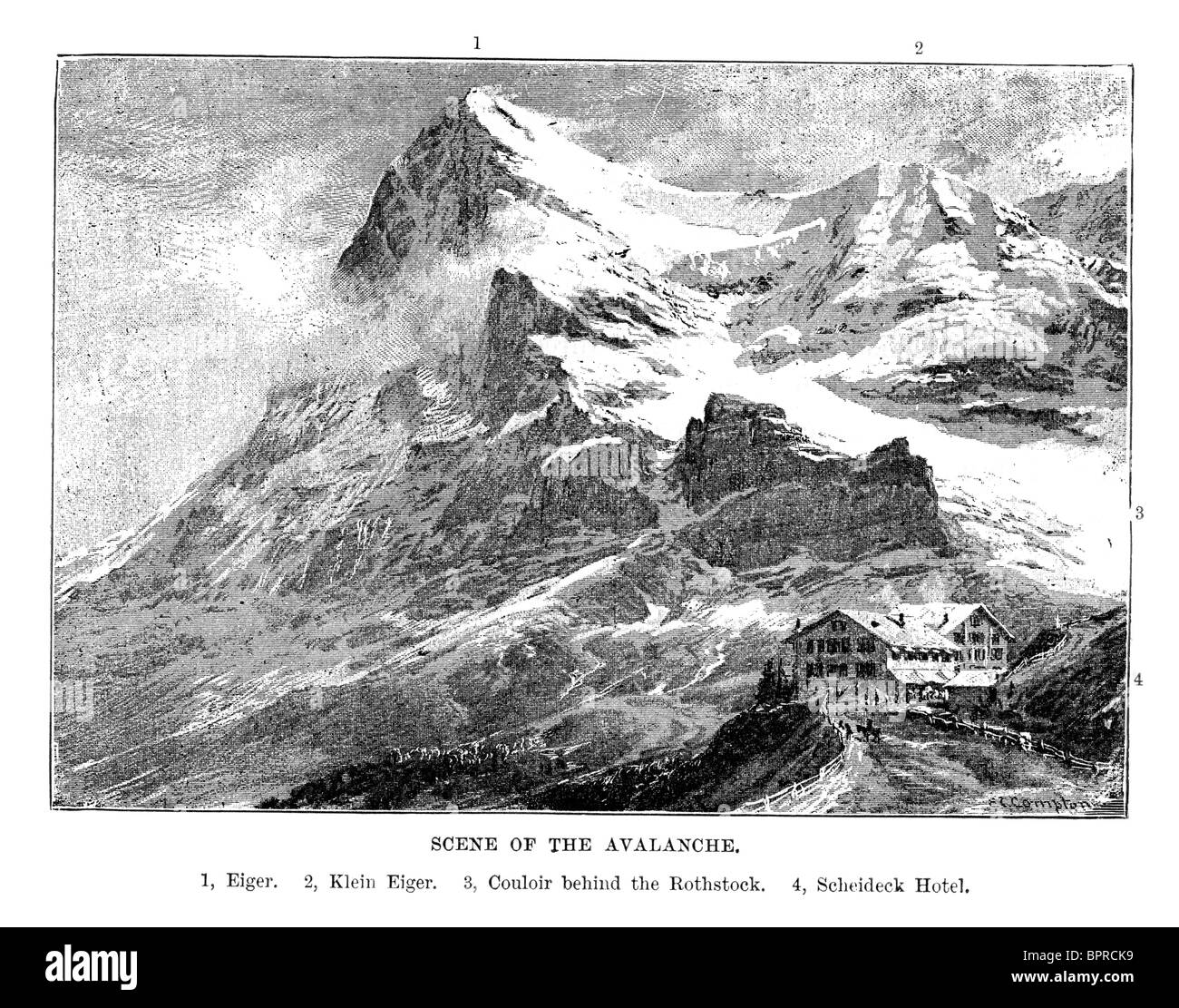 Die Szene der Lawine auf den Eiger im Jahre 1871 Stockfoto