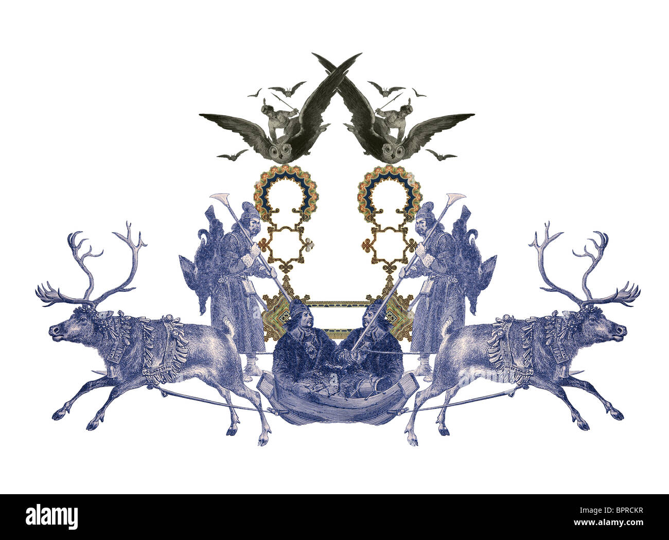 Luxuriös illustrierte alten viktorianischen Rahmen mit zwei Mädchen, die nach den beiden Eule und zwei Jäger fliegen. Stockfoto