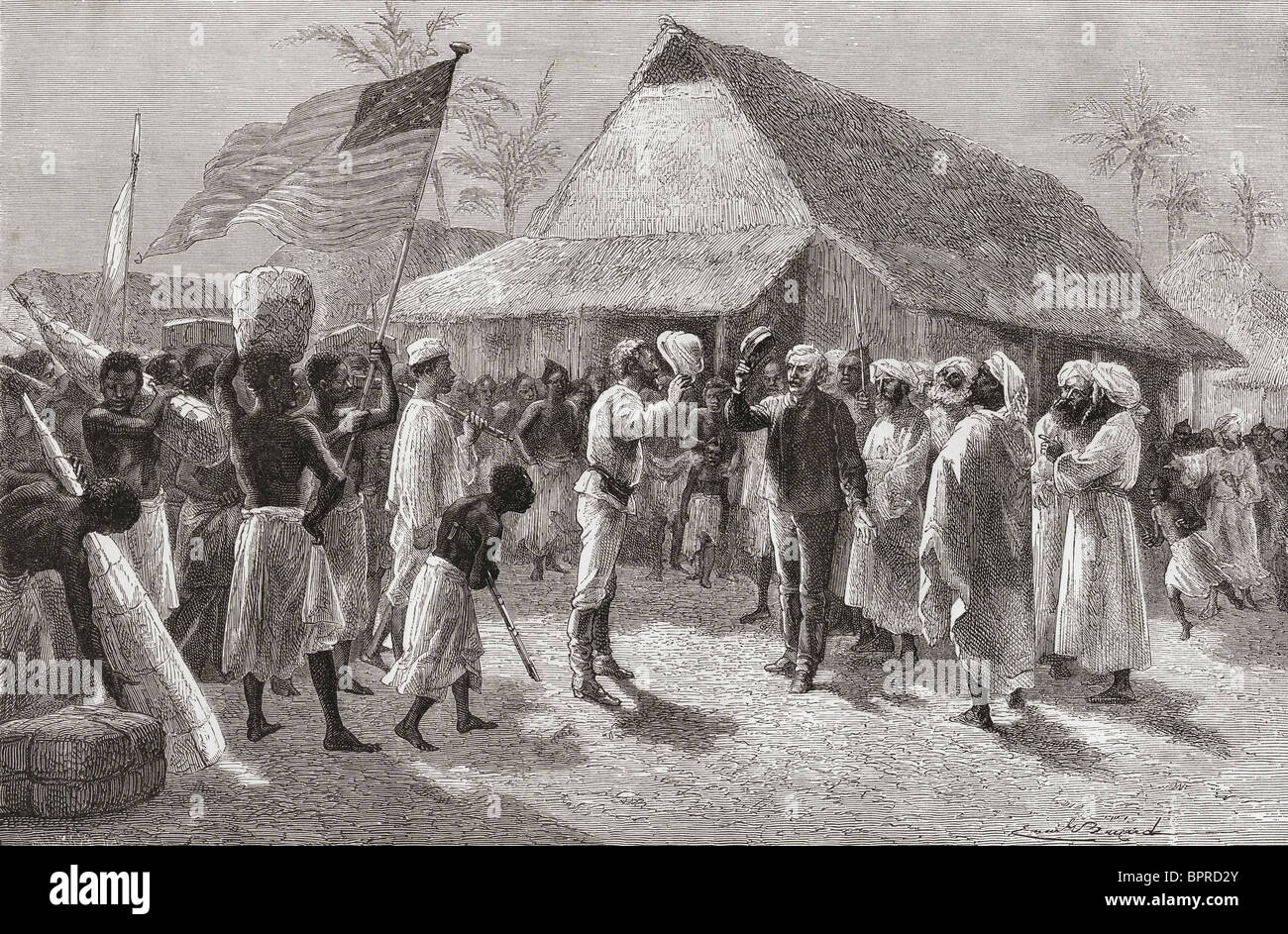 Stanley´s Treffen mit Livingstone 10. November 1871, in Ujiji in der Nähe von Lake Tanganyika, Ost-Afrika. Stockfoto