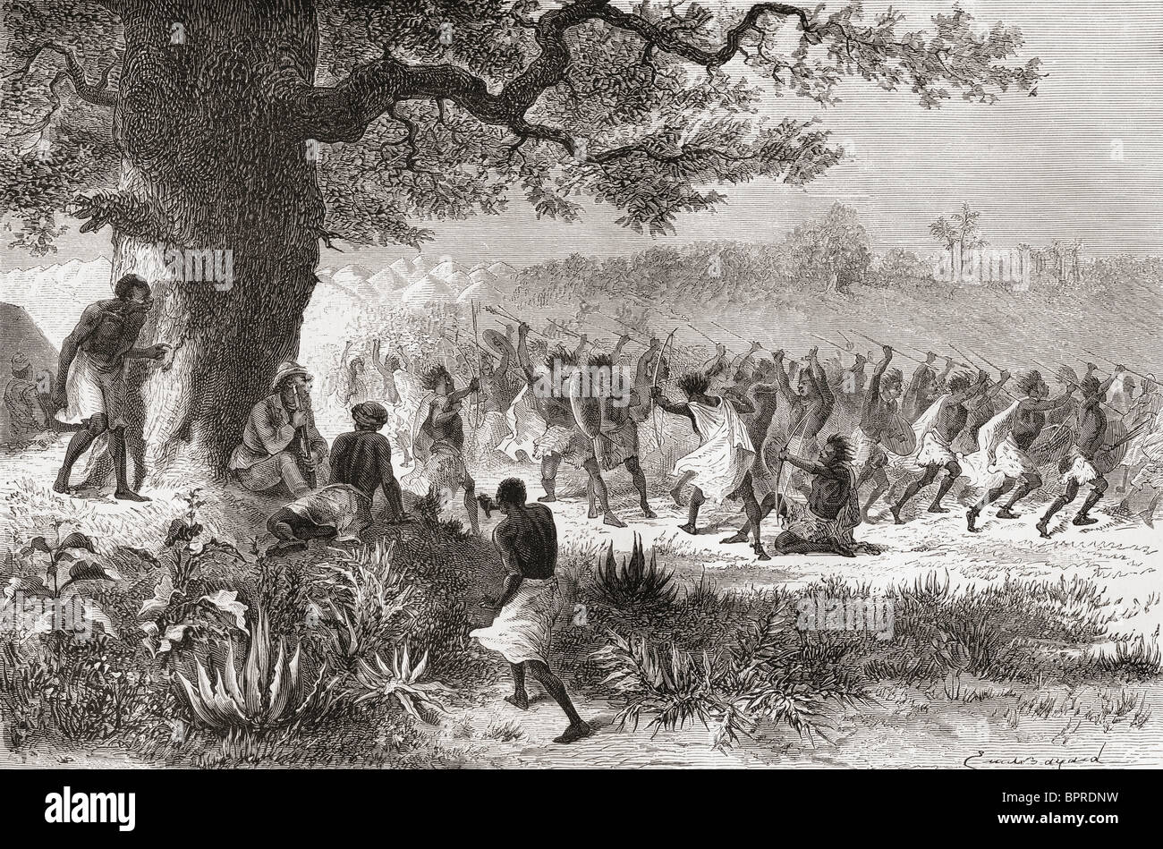 Sir Henry Morton Stanley beobachten des Vouagogos-Stammes Vorbereitung für den Kampf, während seiner Expedition im Jahre 1871. Stockfoto
