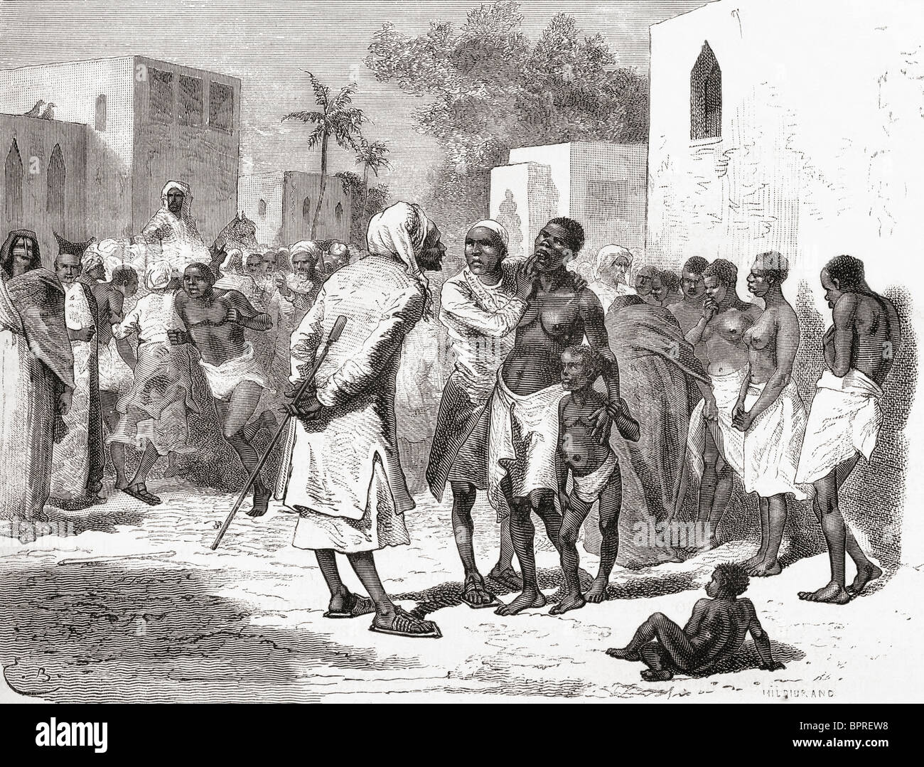 Der Sklavenmarkt in Sansibar, Tansania, Ostafrika, im 19. Jahrhundert. Stockfoto