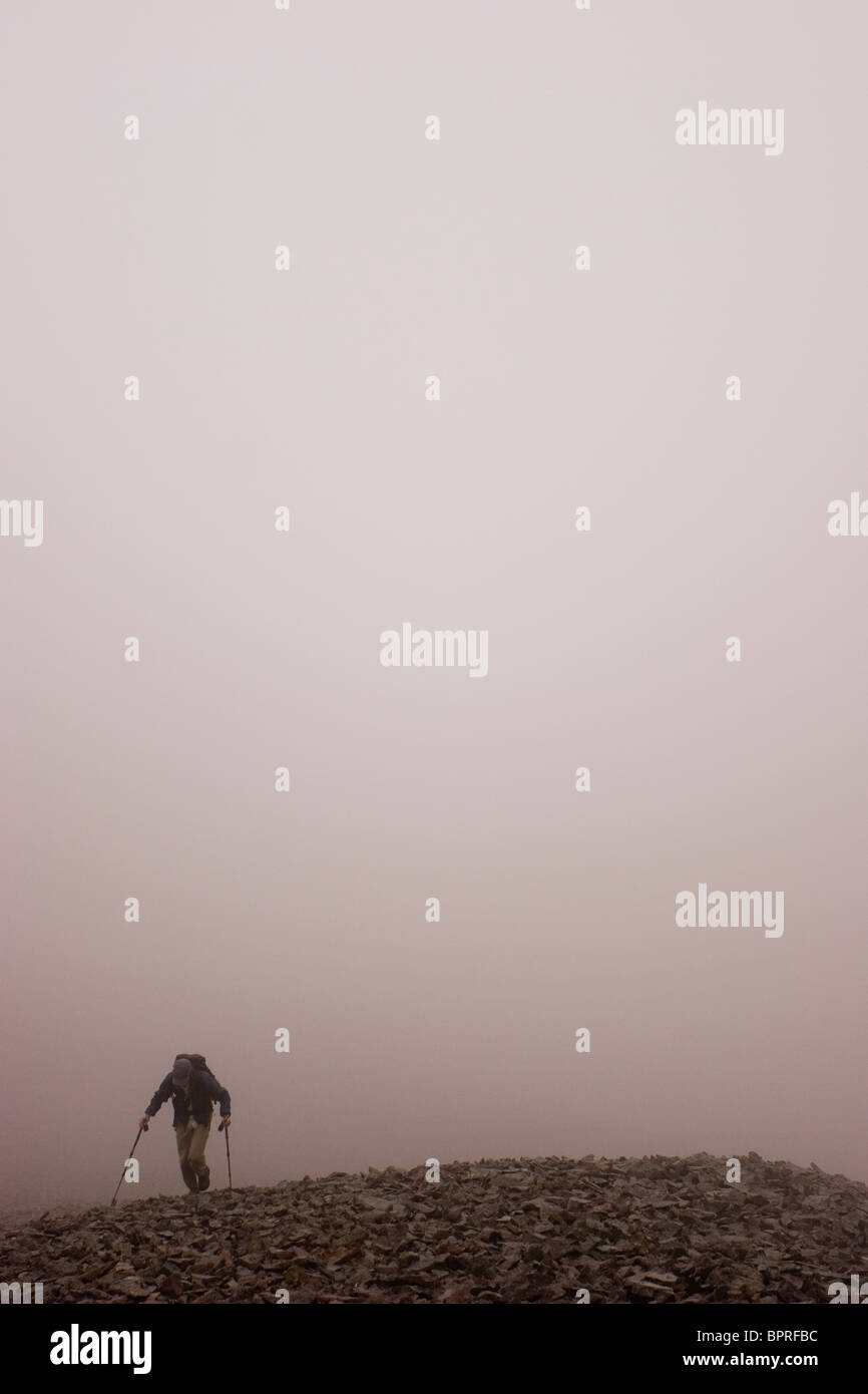 Ein einsamer Wanderer steigt durch den Nebel in der Nähe von steinernen Kuppel im immensen Backcountry Denali Nationalpark, Alaska. Stockfoto