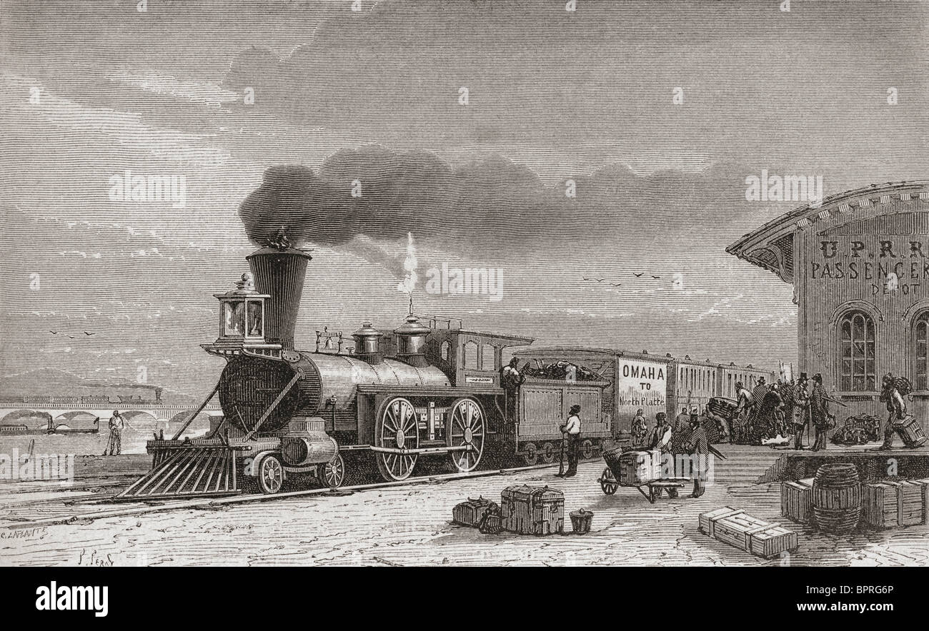 Der Bahnhof in Omaha, Nebraska, Amerika, war Ausgangspunkt der Pacific Railroad, als es im Jahre 1867. Stockfoto