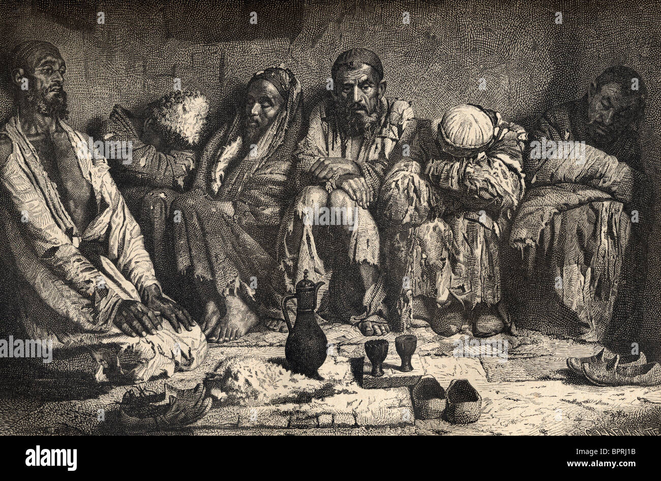 Eine Opiumhöhle in Zentralasien im 19. Jahrhundert. Stockfoto