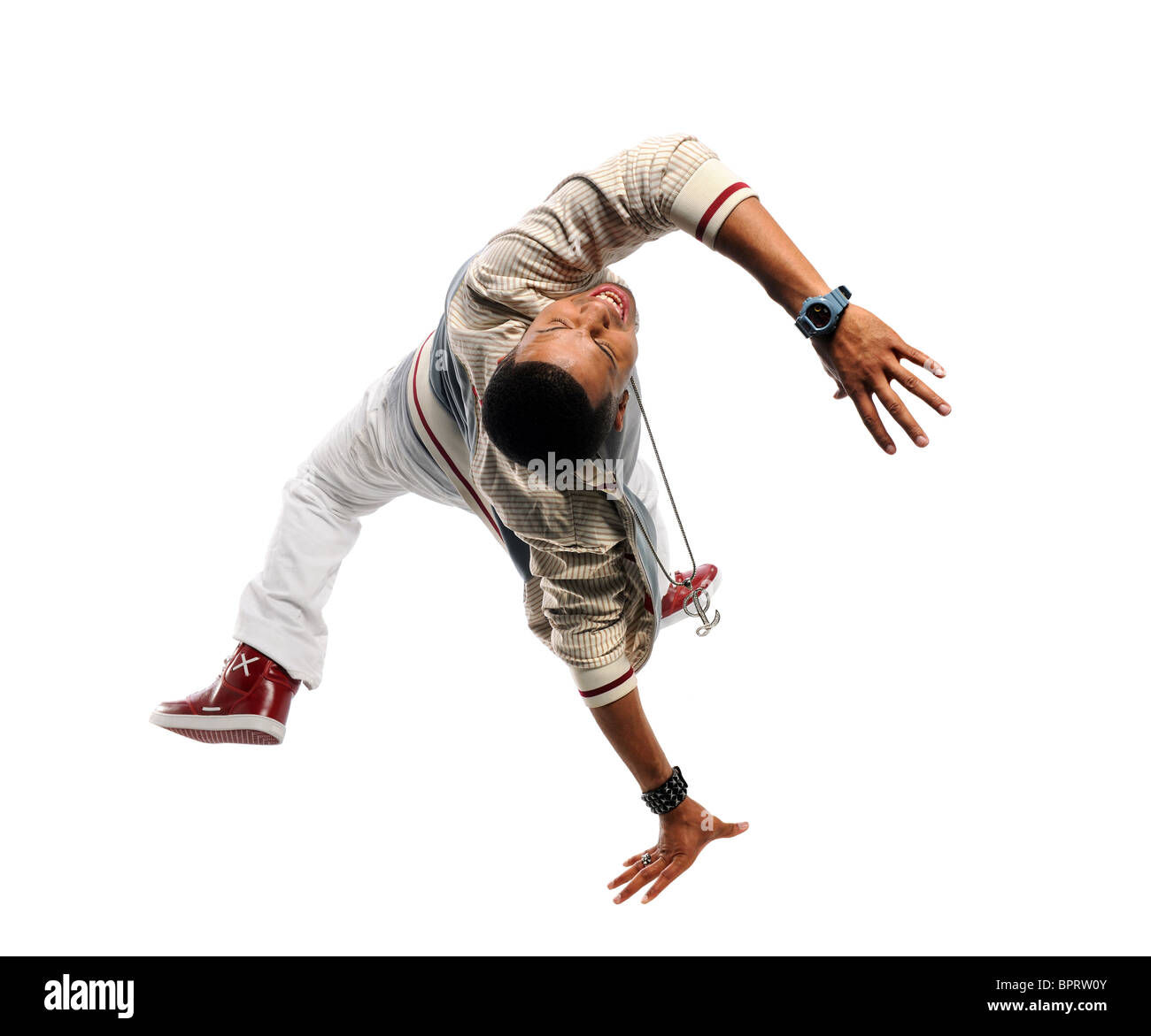 Afrikanische amerikanische Hip-Hop-Tänzer Durchführung isoliert auf weißem Hintergrund Stockfoto