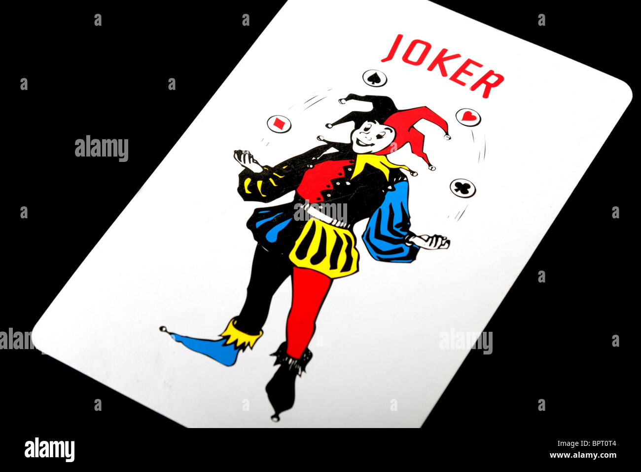 Spielkarte Joker auf schwarzem Hintergrund Stockfoto