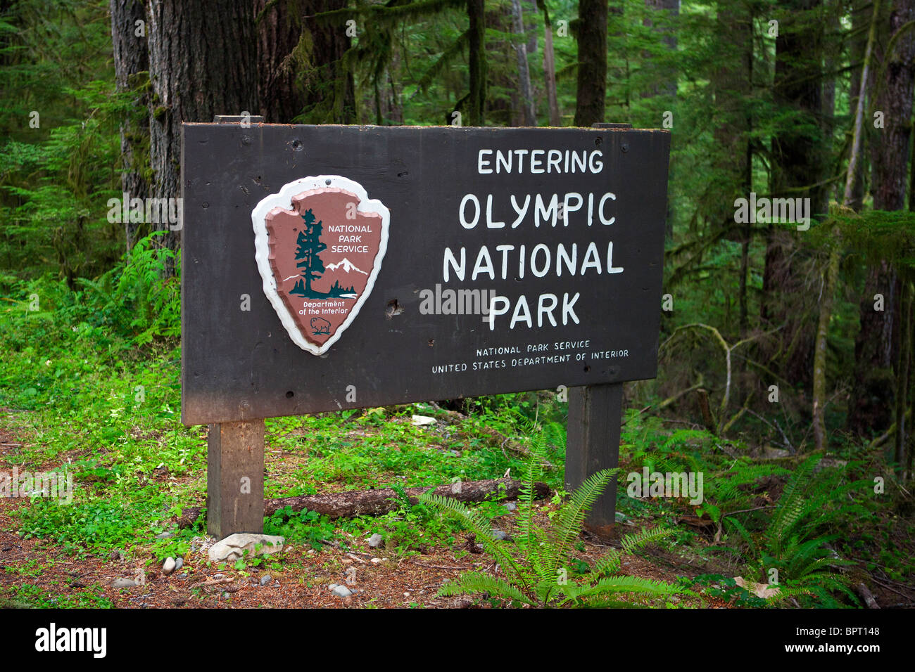 National Park Service Willkommensschild für Olympic Nationalpark, Washington, Vereinigte Staaten von Amerika Stockfoto
