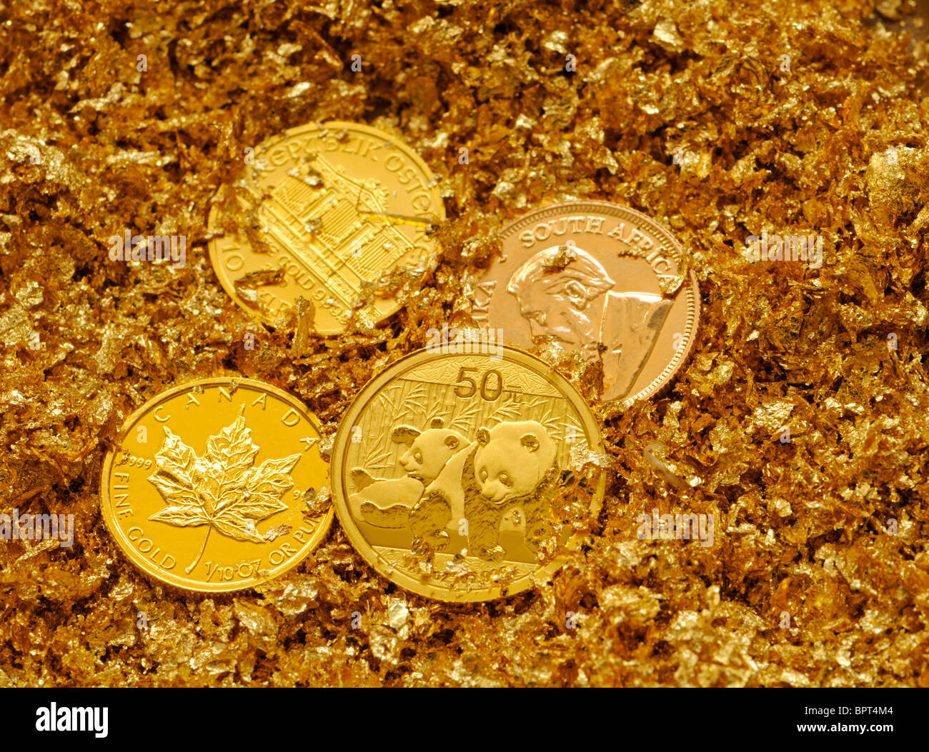 Kleine pure gold Bullion-Münzen in gold Flocken Stockfoto