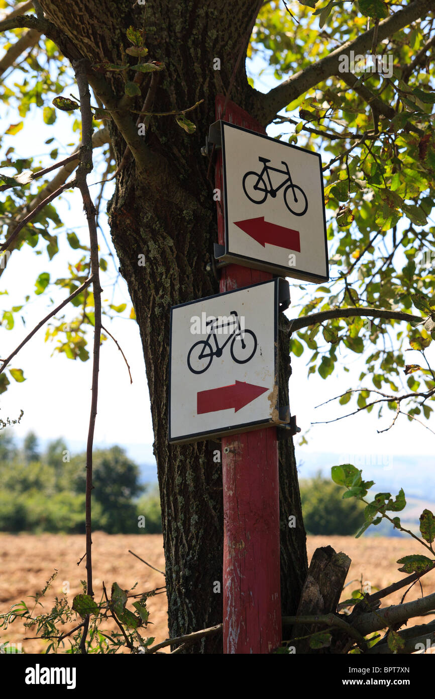 Wegweiser mit Radweg Zeichen zeigende verschiedene Richtungen Stockfoto