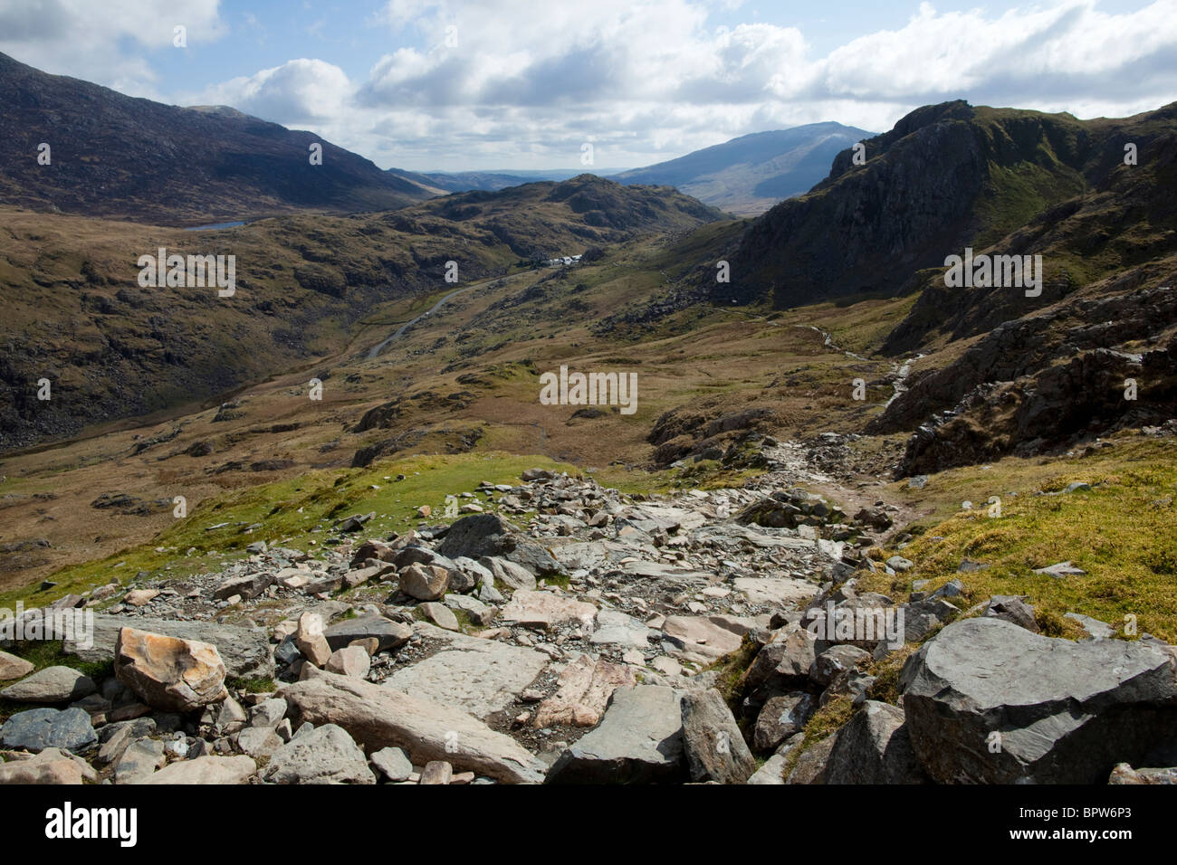 Blick vom Pyg Track Snowdon in Richtung Pen Y übergeben Stockfoto