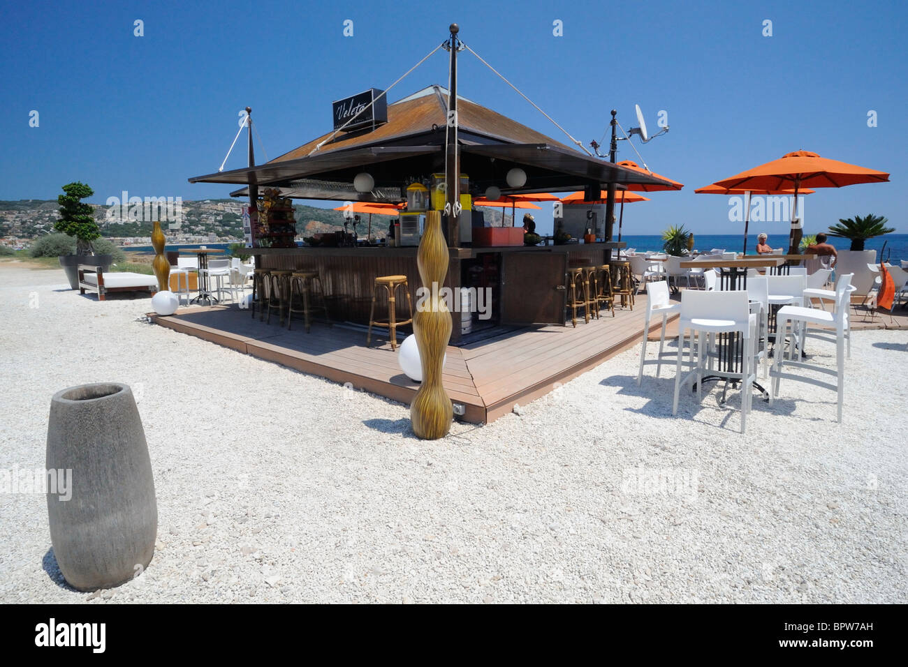 Strandbar La Veleta, Avenida de Meditteraneo, Javea, Costa Blanca, Spanien Stockfoto