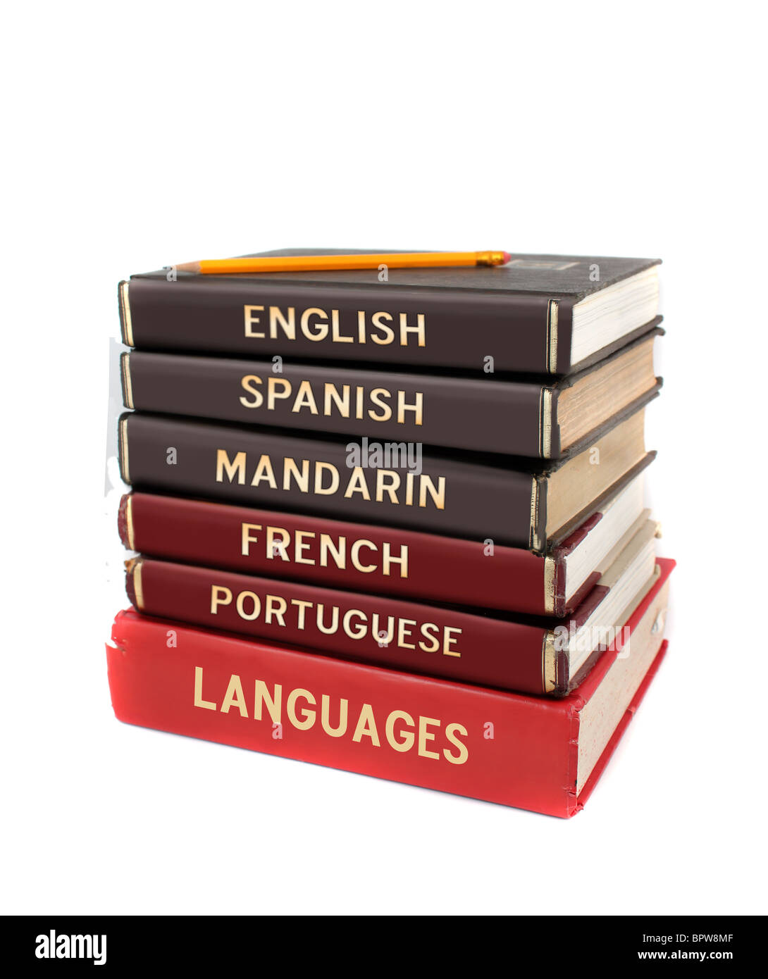 Lehrbücher für Sprachen wie Englisch, Spanisch, Mandarin, Französisch und Portugiesisch für pädagogische Zwecke Stockfoto