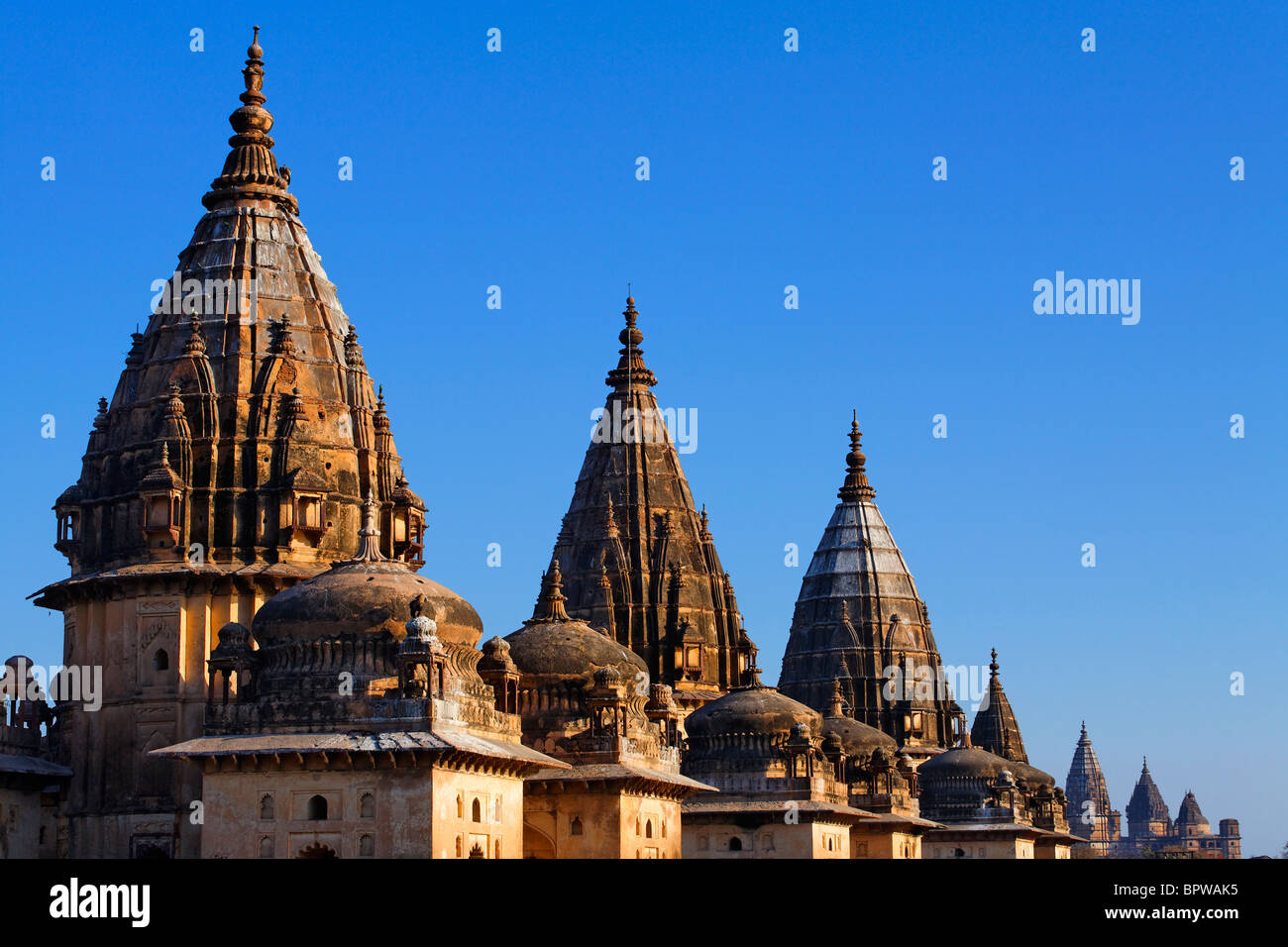 Turmspitzen der Chhatris, Orchha, Madhya Pradesh, Indien Stockfoto