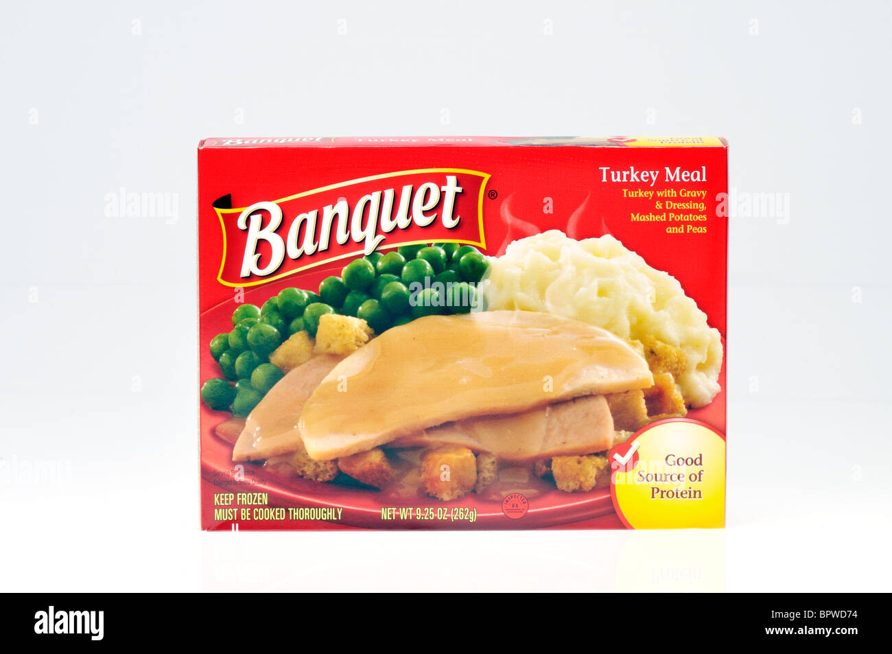 Bankett eingefroren Türkei Fertiggerichte Abendessen im Karton auf weißem Hintergrund Stockfoto