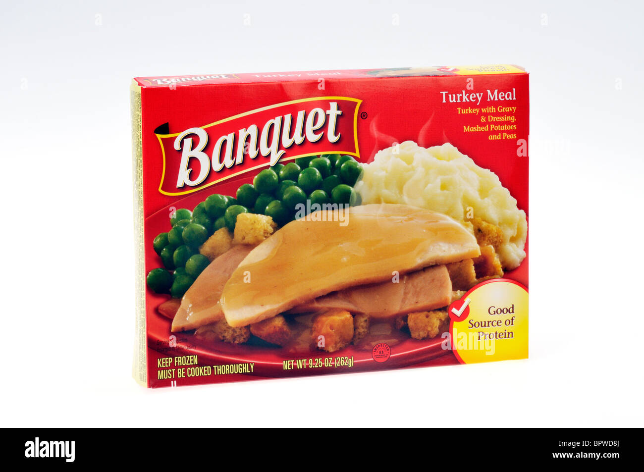 Bankett-gefrorenen Truthahn Fertiggerichte Abendessen im Karton auf weißem Hintergrund, ausgeschnitten. Stockfoto