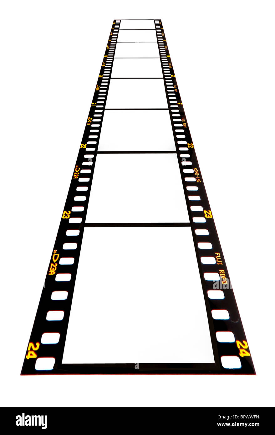 Leere 35mm Filmstreifen auf einem weißen Hintergrund bereit für Ihre Bilder eingefügt werden soll. Fujichrome. Vor-digitalen aus 1980er/1990er Jahre. Stockfoto