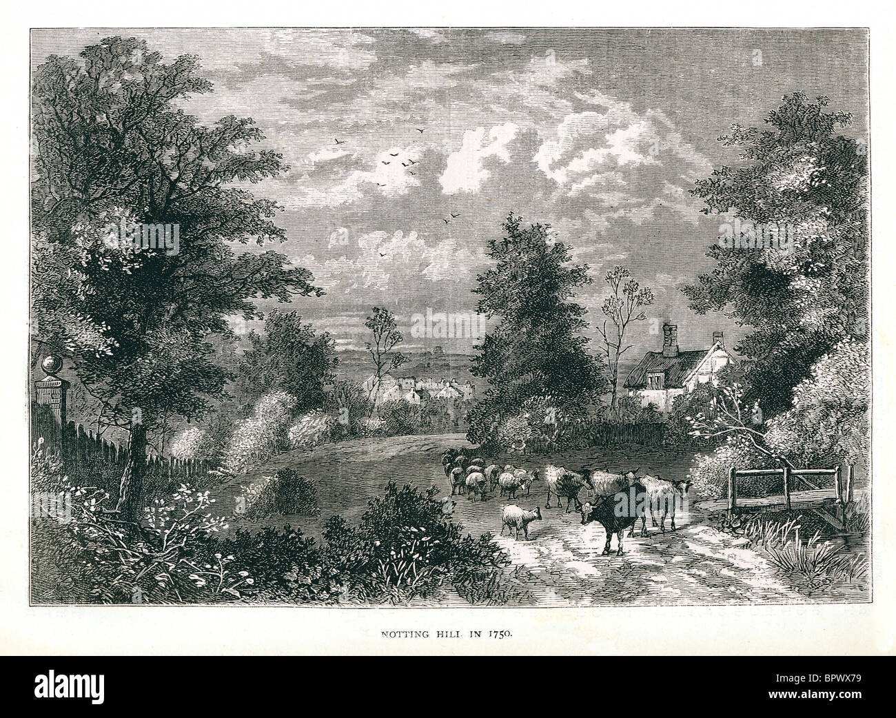 Notting Hill, 1750 Gravur des Gebiets West London in seinem ländlichen Zustand lange bevor seine eleganten Straßen gebaut wurden Stockfoto