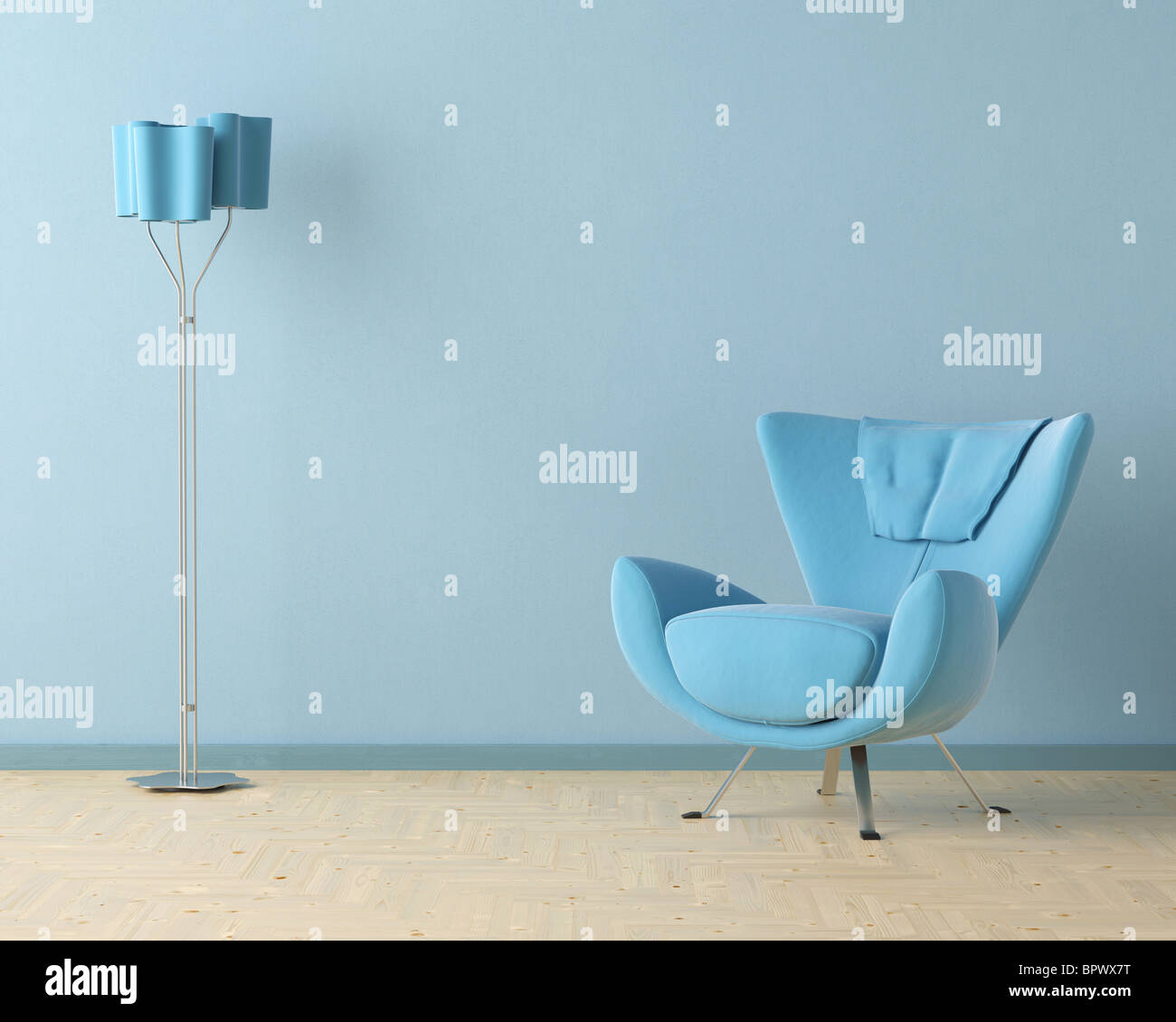 Interior Design-Szene mit einem modernen blaue Couch und Lampe auf blaue Wand Stockfoto