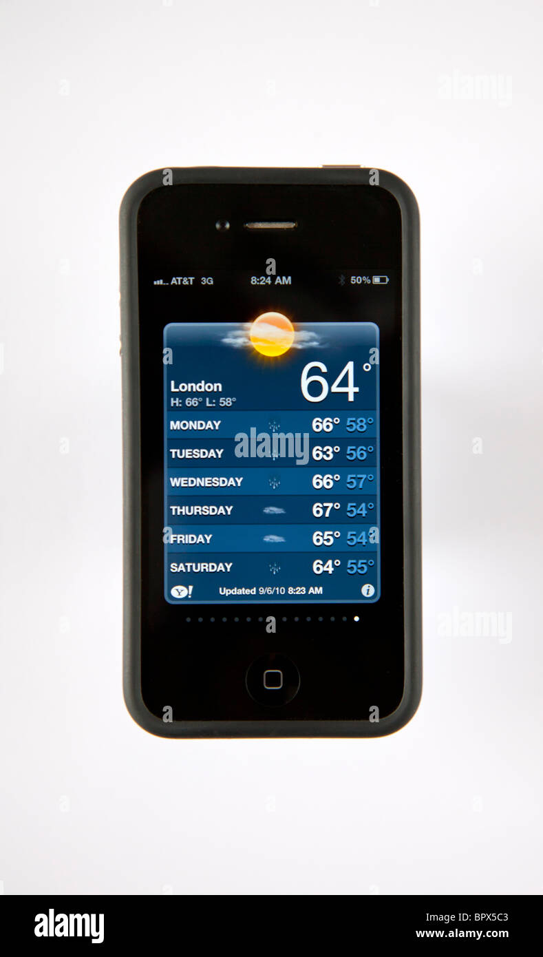 IPhone G4 4 Stoßfänger Fall zeigt Wetter in London am Handy Stockfoto