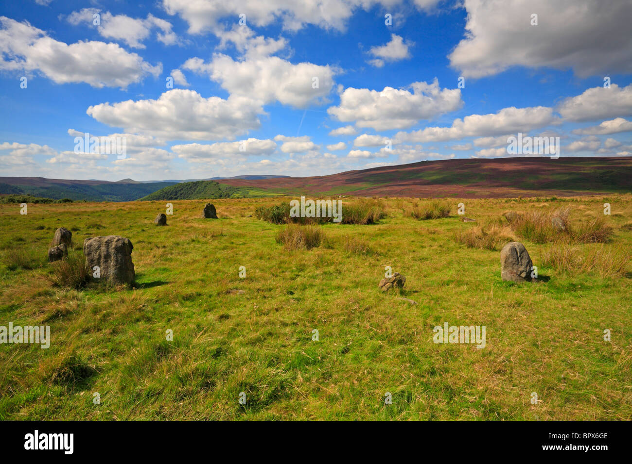 Bronzezeit sieben Steinen von Hordron oder Hordron Kreis Moscar Moor Derbyshire Peak District National Park England UK Stockfoto