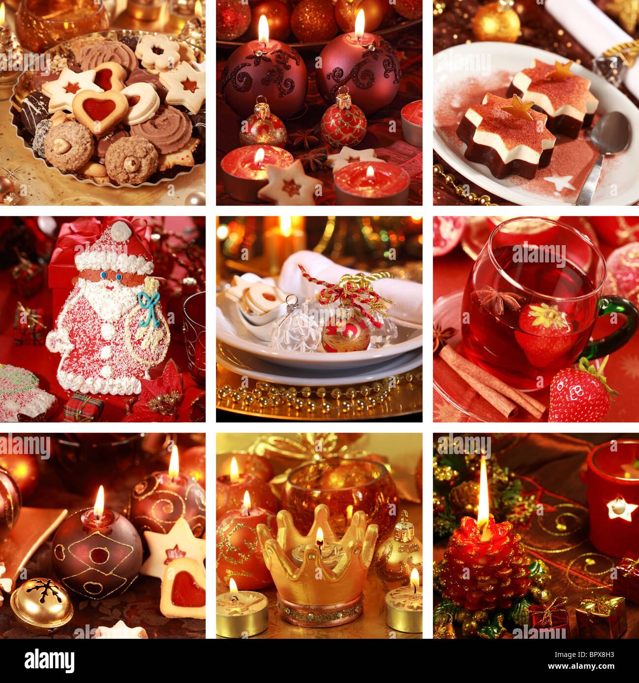 Sammlung von neun noch live-Fotos für Weihnachten in goldenen und roten Ton Stockfoto