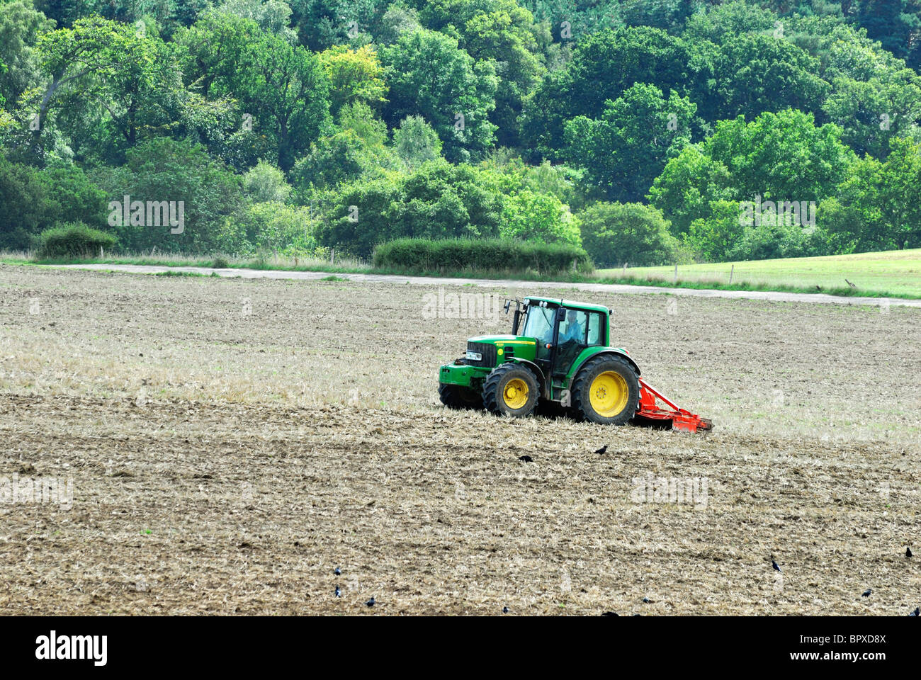 Traktor Pflügen Feld auf den Hügeln von Surrey, England Stockfoto