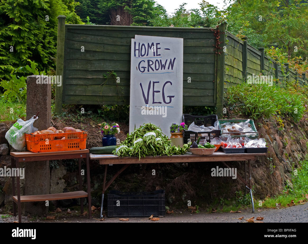 ein am Straßenrand einheimische Gemüse Stall in Cornwall, Großbritannien Stockfoto