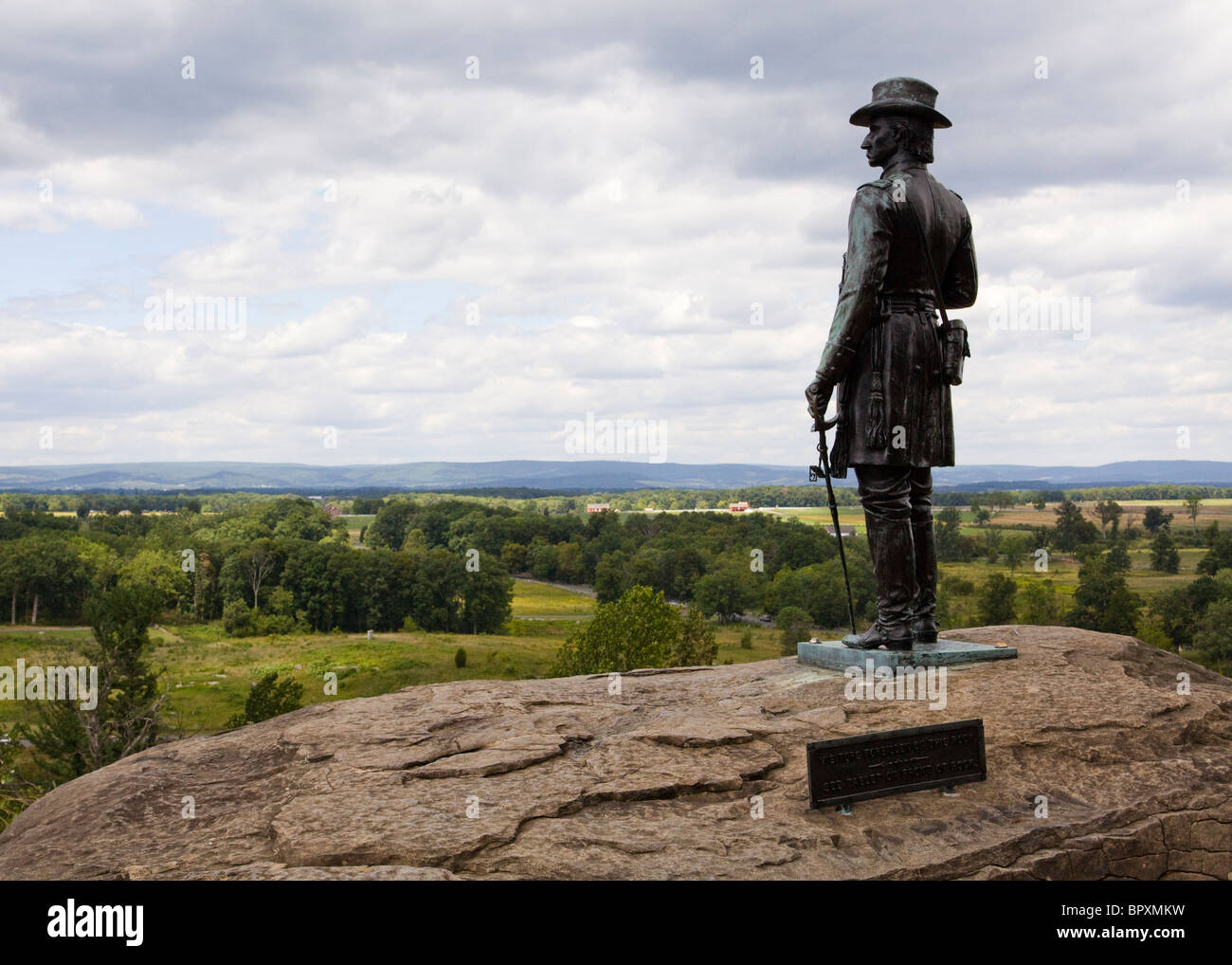 Brigadegeneral Gouverneur K. Warren Statue am Little Round Top - Gettysburg, Pennsylvania USA Stockfoto
