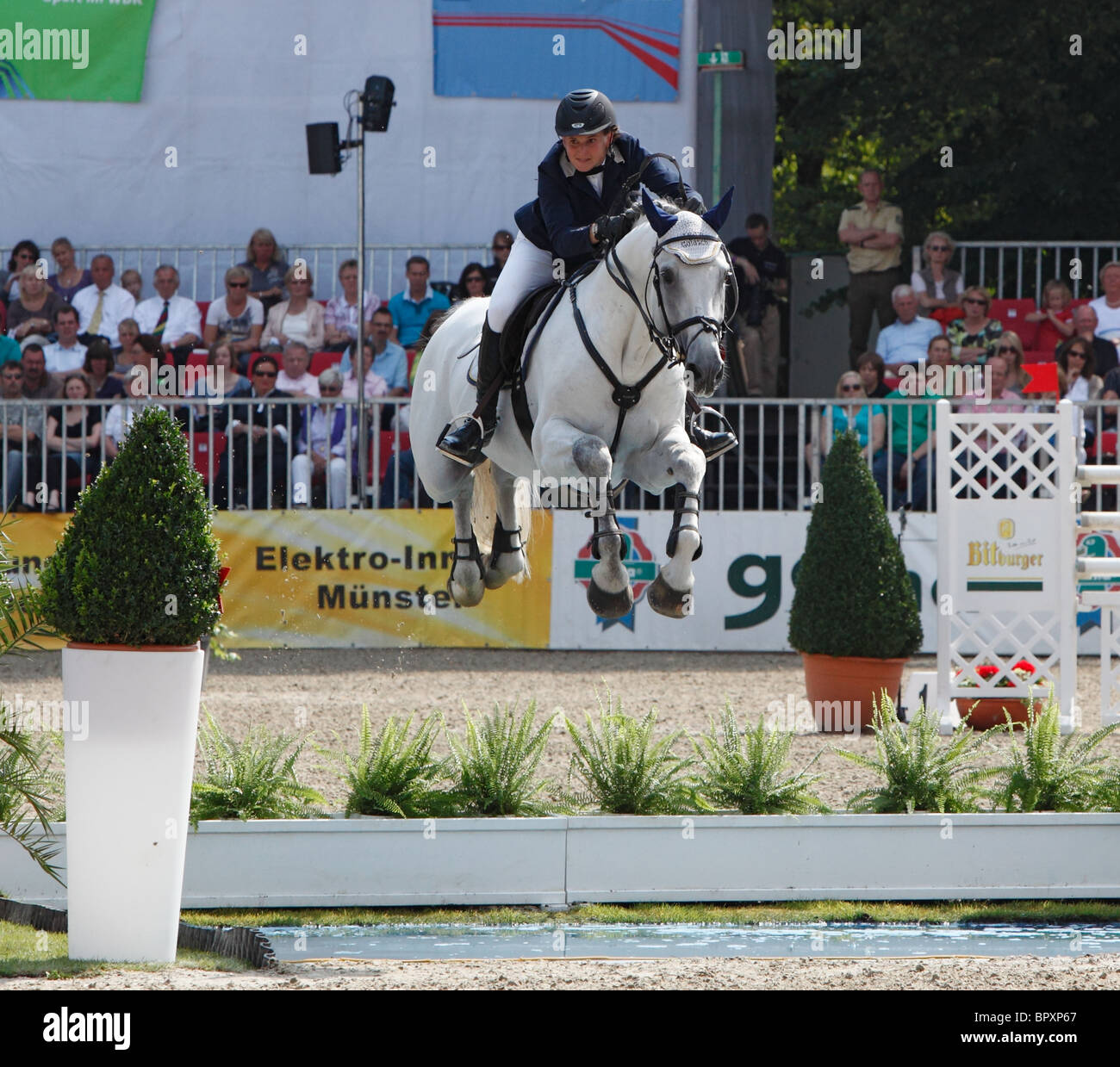 Pferdesport, Deutsche Meisterschaften springen und Dressur 2010 in Münster, Münsterland, Nordrhein-Westfalen, Deutsche Meisterschaft Springreiter Reiterinnen, Rebecca Golasch mit Lassen Peak 2 Stockfoto