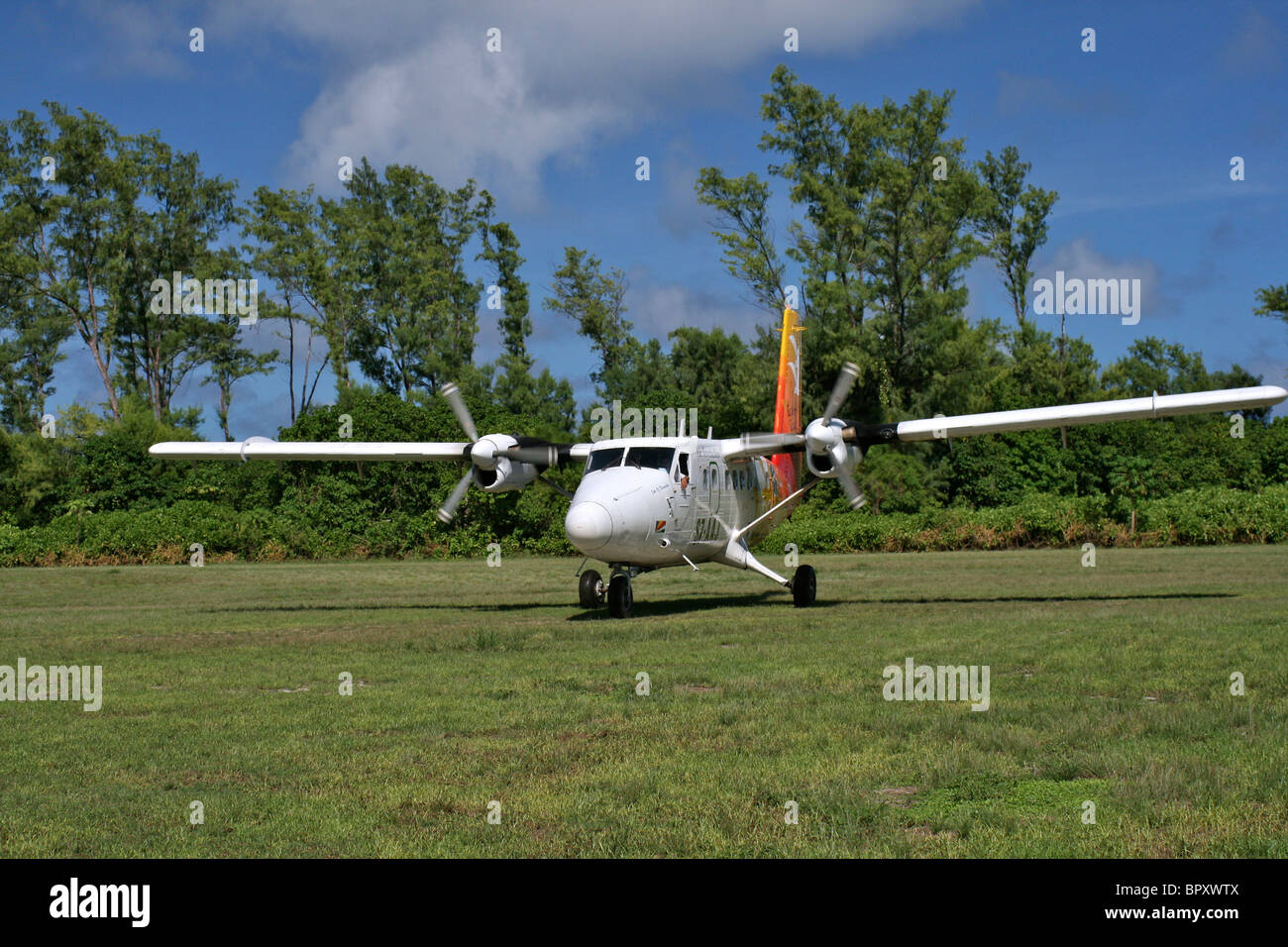 Die täglichen Air Seychelles DHC-6 Twin Otter, Twin-Propeller-Flugzeug ankommen auf der Vogelinsel-Flugplatz Stockfoto