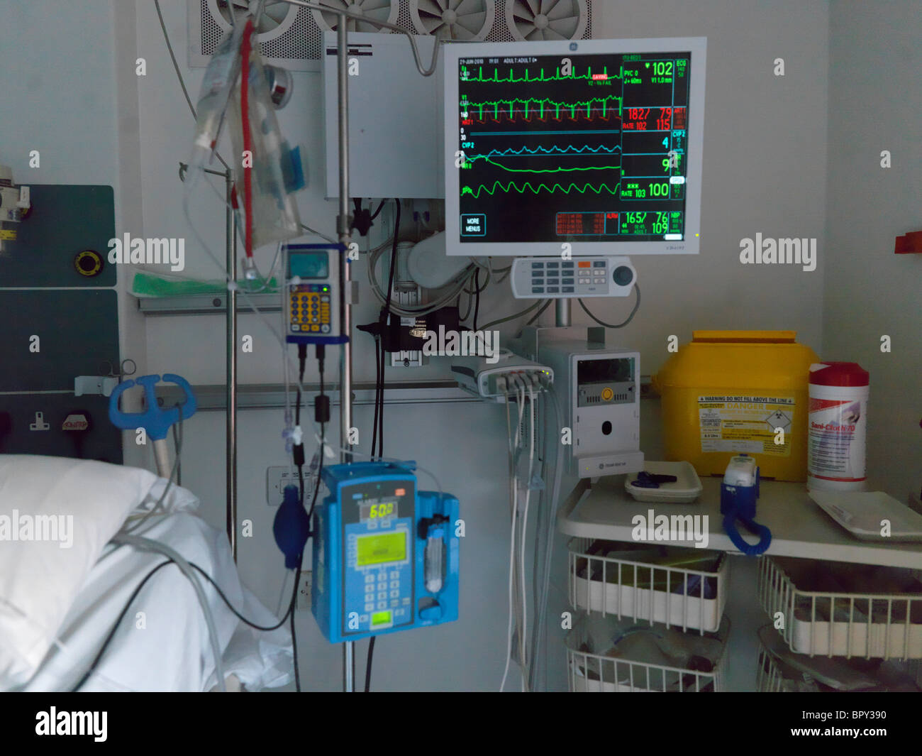 London England Intensive Care Unit Privatklinik intravenösen Tropf und zeigt Herzfrequenz-Monitor Stockfoto