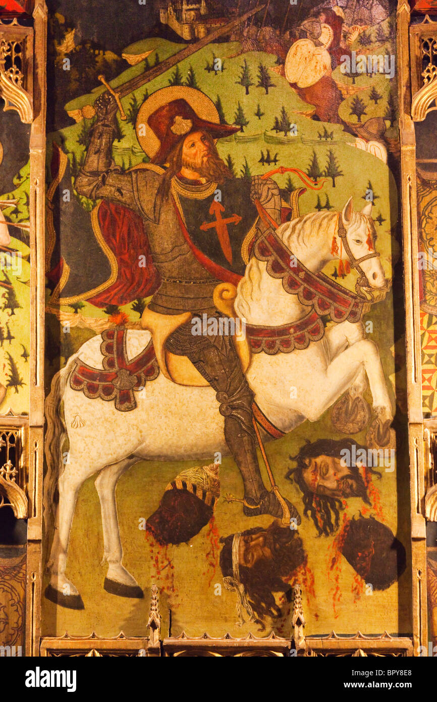 Detail des 15. Jahrhunderts kastilischen Schule Altarbild zeigt Santiago Matamoros, Saint James Moor-Slayer. Segovia, Spanien Stockfoto