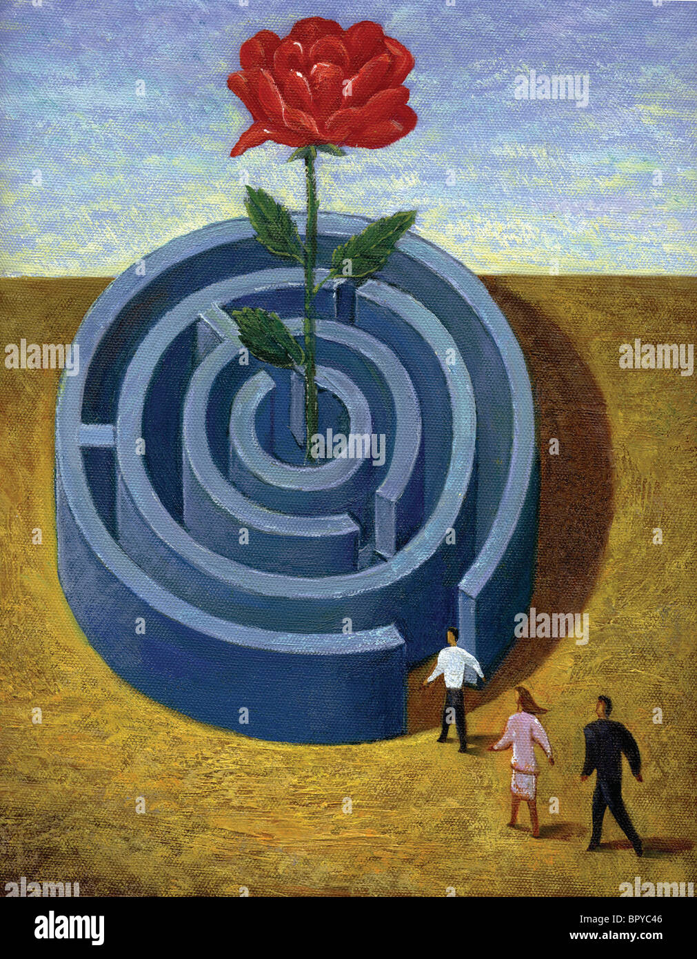 Geschäftsleute, die versuchen, eine riesige Rose in der Mitte ein Labyrinth Stockfoto
