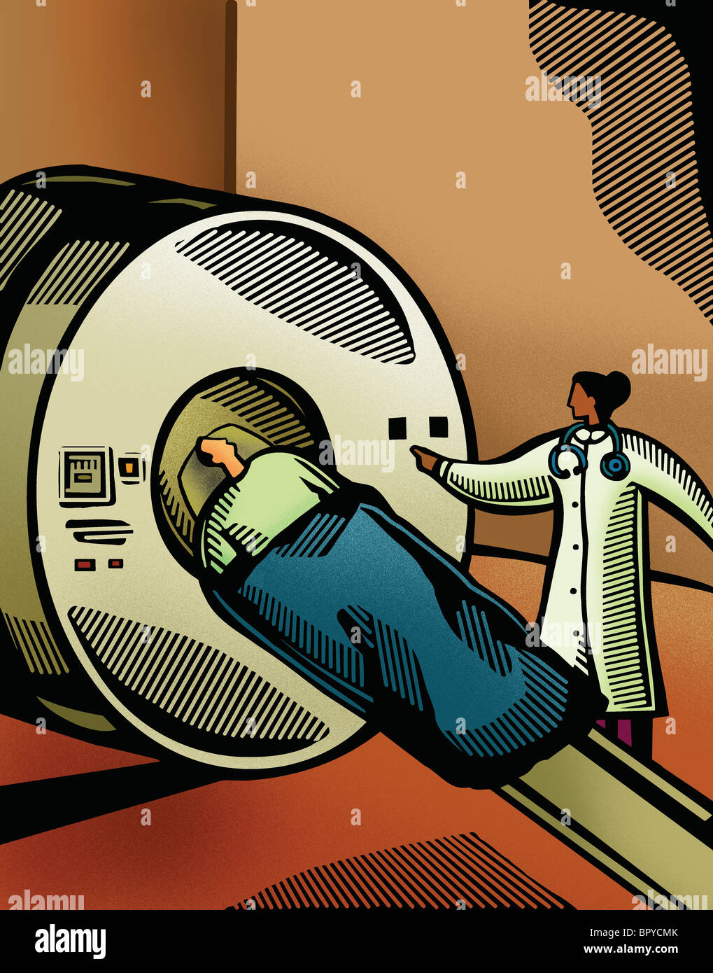 Arzt, indem ein Patient durch eine CT-scanner Stockfoto