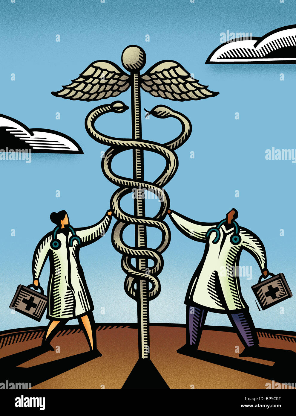 Zwei Ärzte berühren einen riesigen caduceus Stockfoto