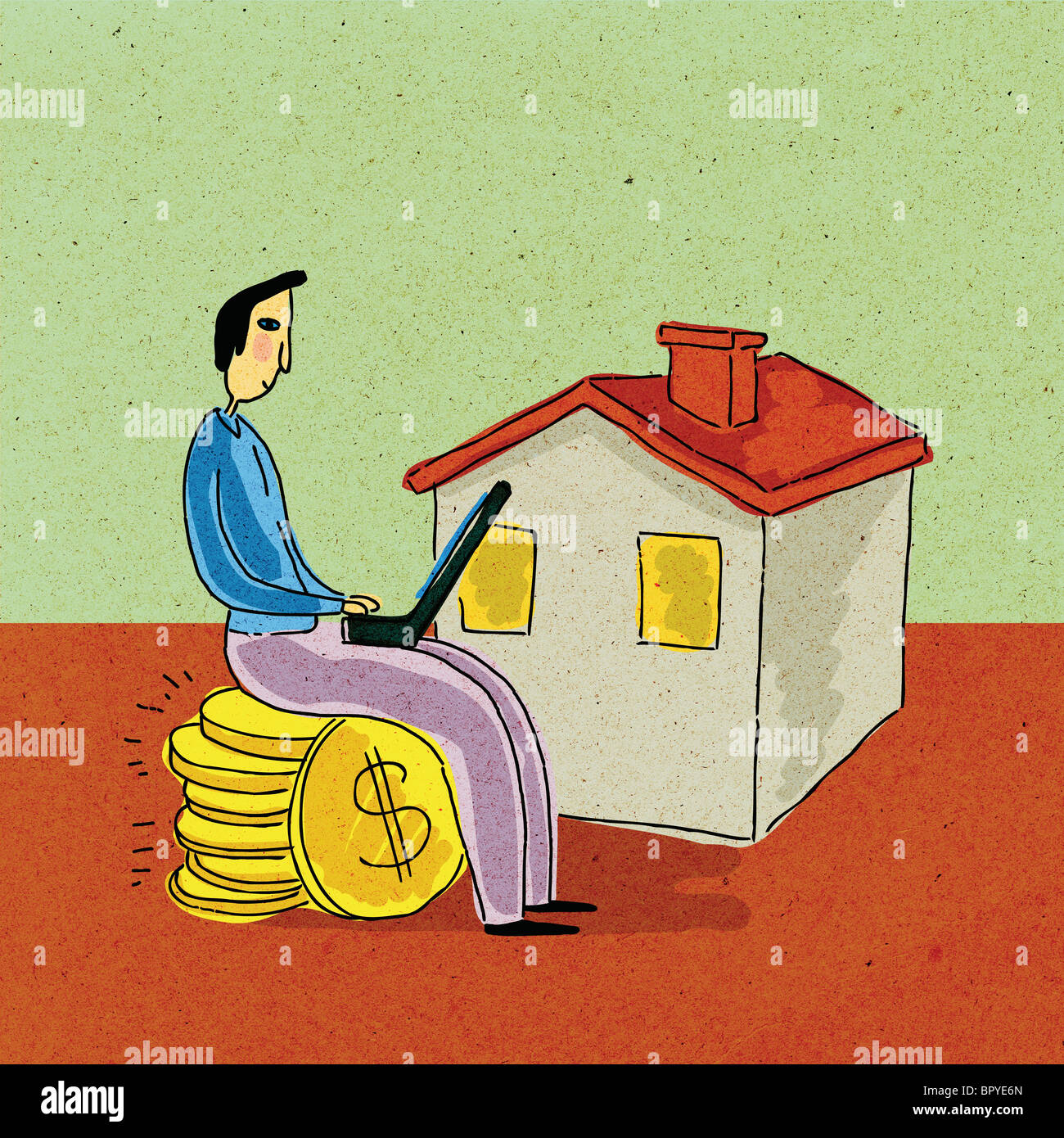 Ein Mann sitzt auf Stapel von Dollar-Münzen, arbeiten auf Laptop-Computer vor Haus Stockfoto