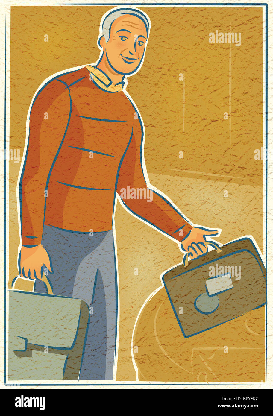 Ein älterer Mann mit zwei Gepäckstücke Stockfoto