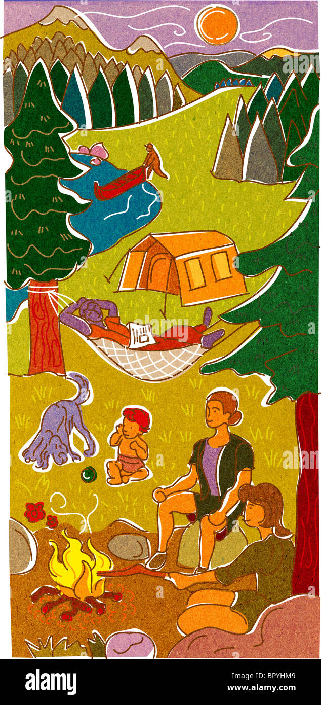 Ein Familien-Campingplatz und ein Lagerfeuer am See genießen Stockfoto