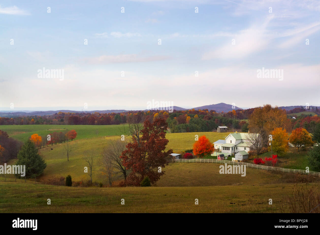 Ein Bauernhaus, umgeben von Herbstlaub in Floyd, Virginia. Stockfoto