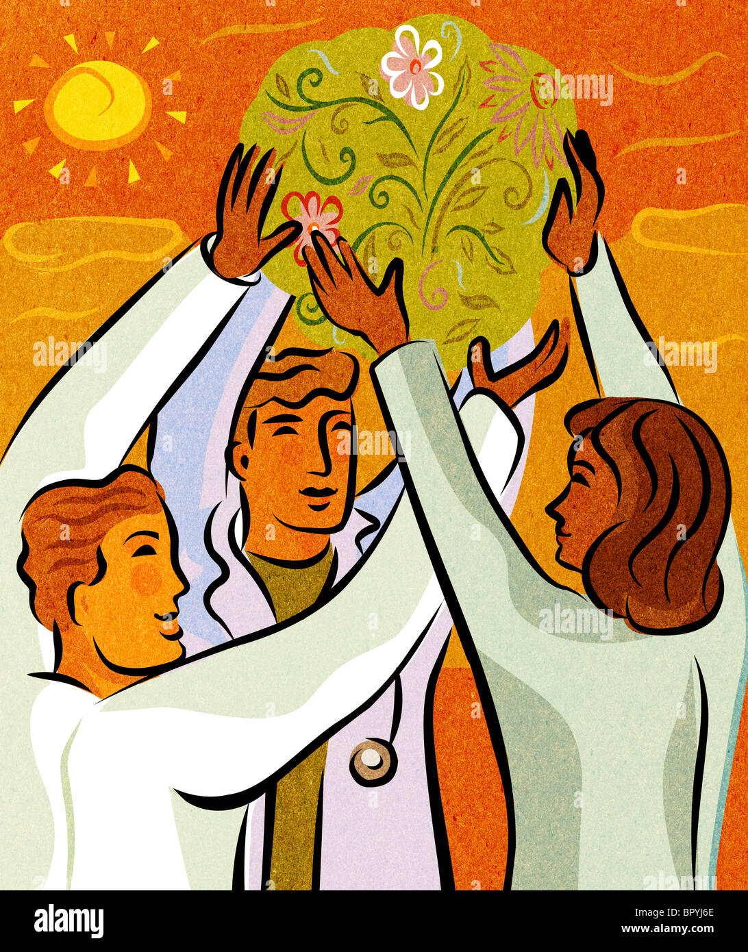 Drei Ärzte hält einen Ball von Blumen und Kräutern Stockfoto