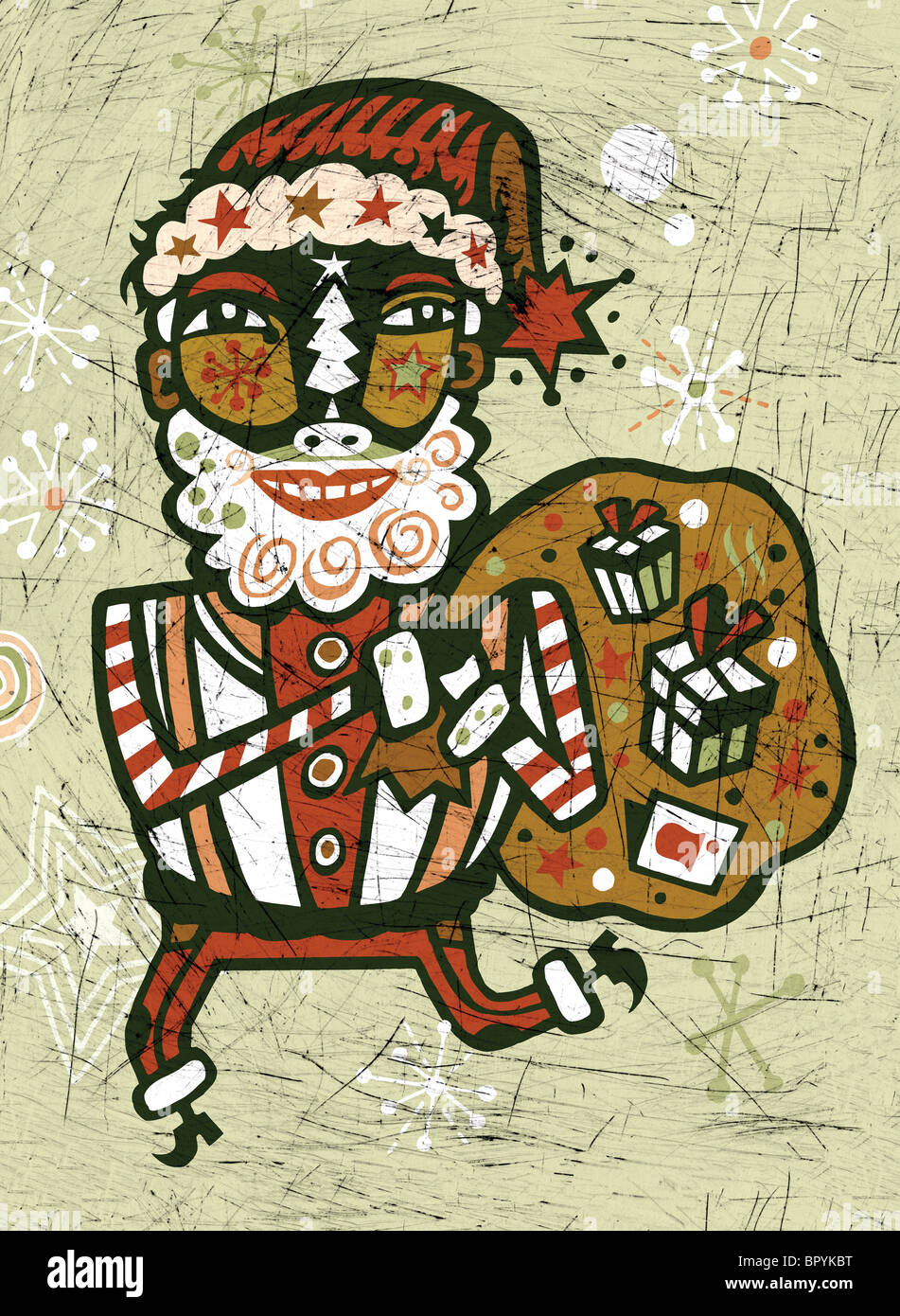 Santa Claus mit meschotschek voller Geschenke Stockfoto