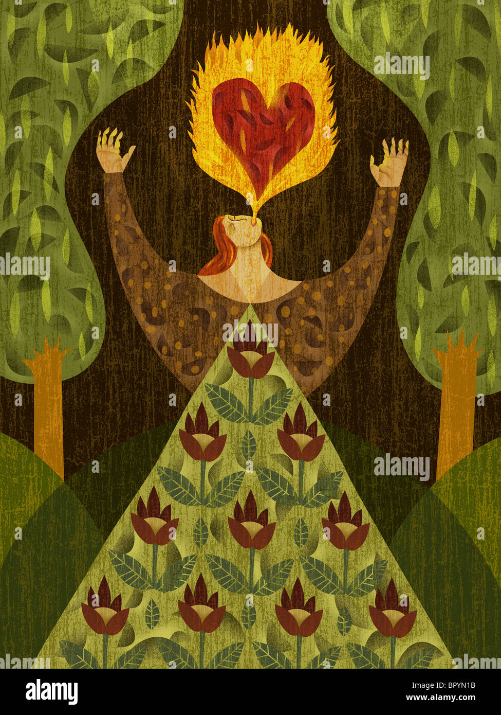 Eine Frau in einem Wald mit Herz-Form in ihr Feuer zu speien Stockfoto