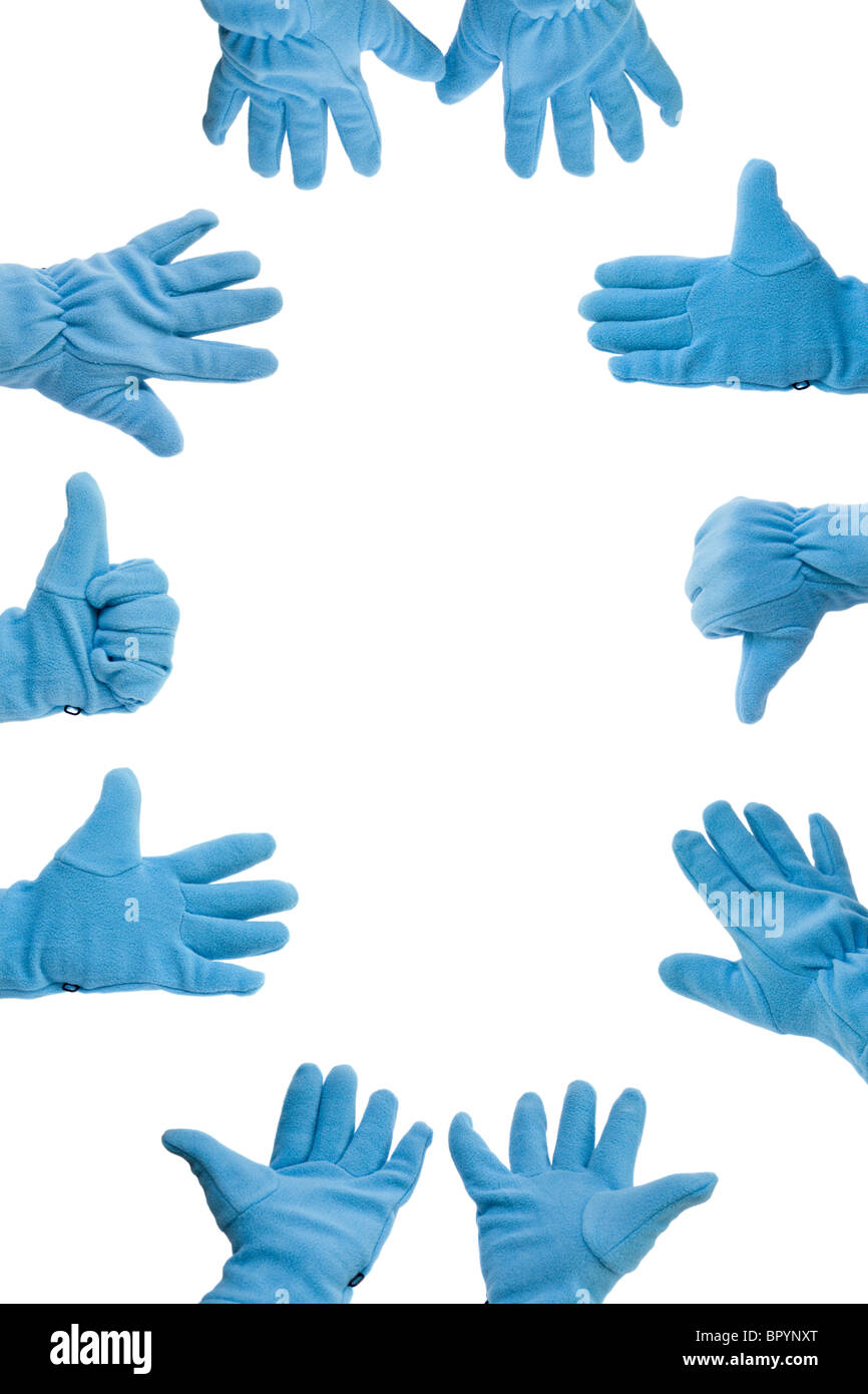 Rahmen der blaue warme Winterhandschuhe, isoliert auf weiss Stockfoto